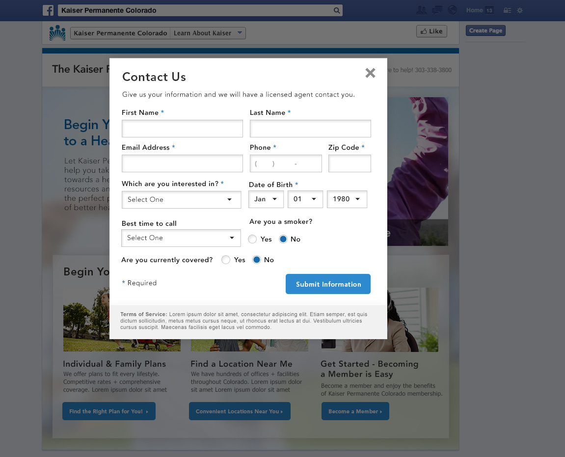 Kaiser Facebook Contact Popup